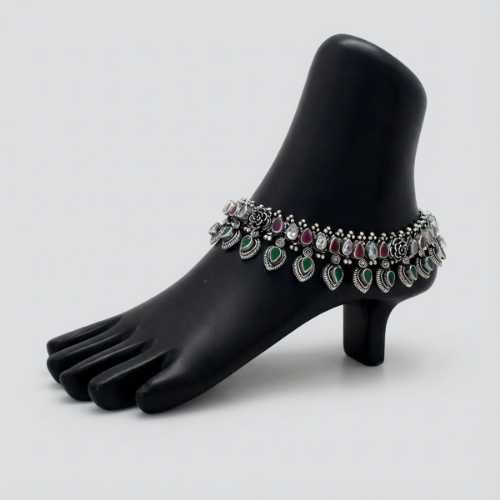 Green-Pink-Stone-Drops-Silver-Anklet